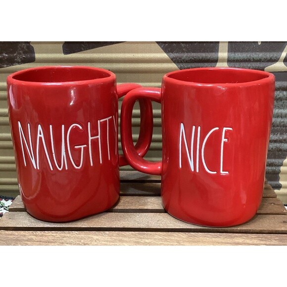 Rae Dunn Artisan Collection Red & White Naughty/ Nice 20oz Christmas Coffee Cups - Picture 1 of 8